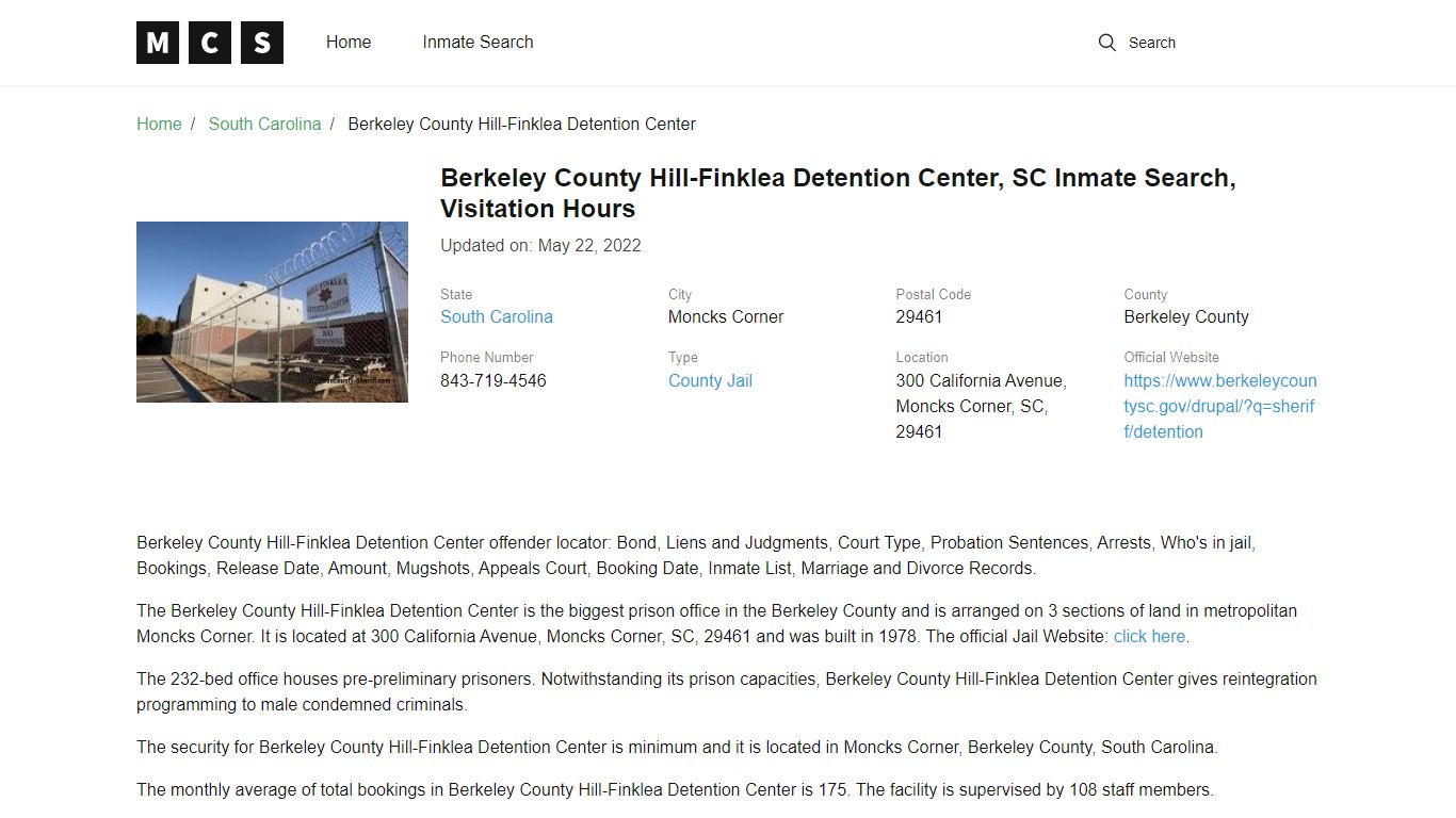 Berkeley County Hill-Finklea Detention Center , SC Inmate ...